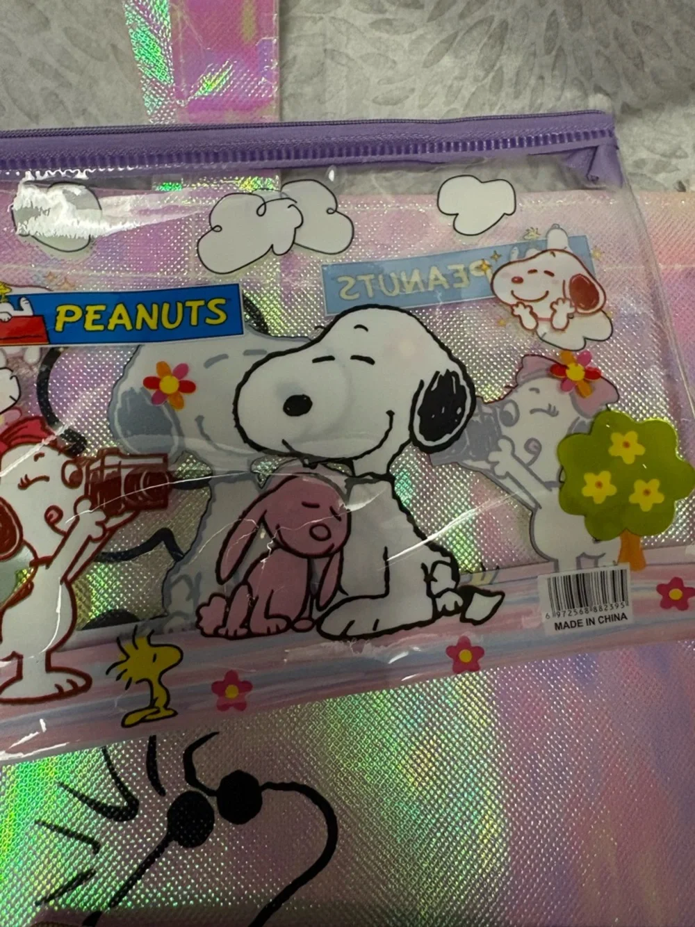 Peanuts Iridescent Pink Tote Bag with Snoopy Graphic and Matching Pouches - Picture 4 of 5